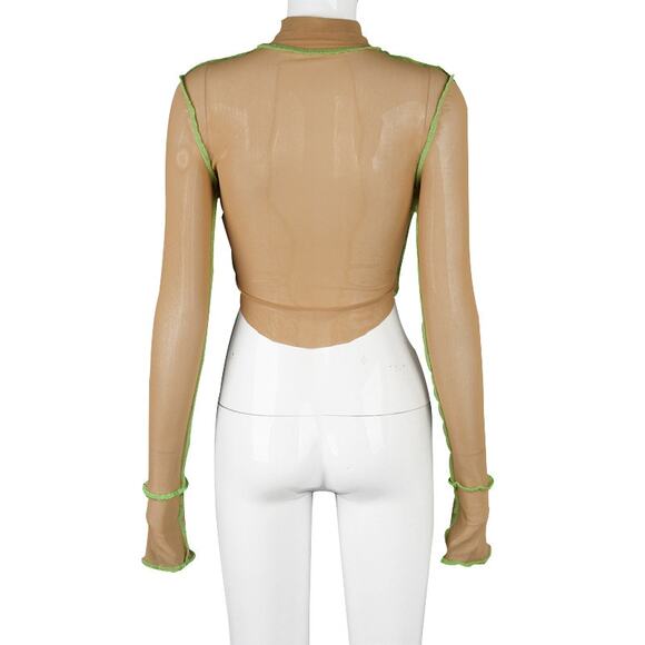 Medium New Mesh Tan Green Long Sleeve Crop Sheer Top Stitch Trim High Neck Y2K - Picture 8 of 9